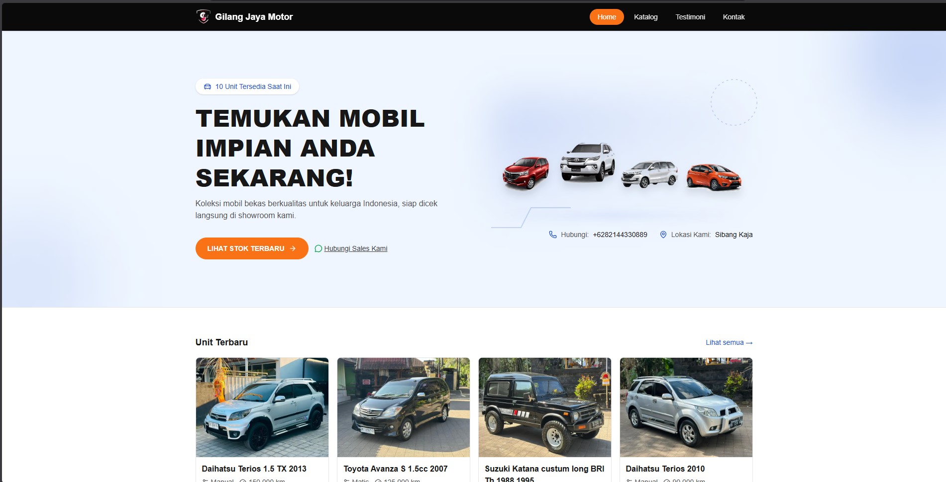 Website Gilang Jaya Motor, jual mobil bekas